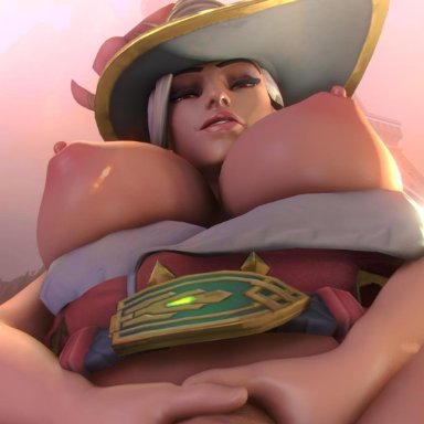 1futa, 3d, 3d (artwork), alternate costume, areolae, ashe (overwatch), big penis, blizzard entertainment, blowjob, blush, breasts, breasts out, clothes, dickgirl, erect penis