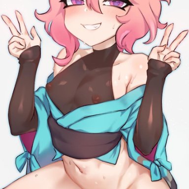 bottomless, chitose (dragalia lost), double peace sign, dragalia lost, erection, femboy, girly, jtveemo, muscular thighs, nipples, pelvic curtain, penis, pink hair, sheer clothing, sweat