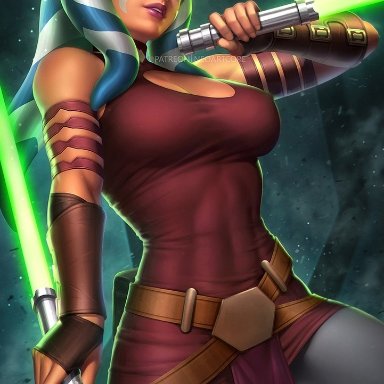 1girls, ahsoka tano, bare shoulders, big breasts, blue eyes, breasts, female, female only, lightsaber, looking at viewer, neoartcore, smiling, smiling at viewer, solo, solo female