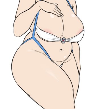 areolae, bangs, bikini, breasts, brown hair, cleavage, embarrassed, female, flying sweatdrops, glasses, hair bun, large breasts, mei (overwatch), orangekissess, overwatch