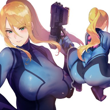 absurd res, ass, back, bangs, blue bodysuit, blue eyes, blush, bodysuit, breasts, fanbox reward, female, gun, hair between eyes, high ponytail, highres