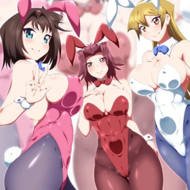 3girls, akiza izinski, alexis rhodes, big breasts, blonde hair, blue eyes, brown eyes, brown hair, bunny ears, bunny girl, bunny tail, bunnysuit, danpu, female, female only