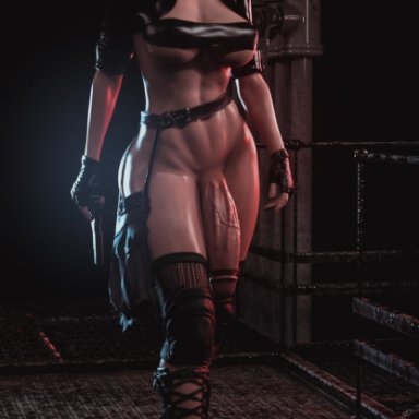 1futa, 3d, abs, absurdres, big breasts, breasts, claire redfield, cleavage, dickgirl, futa only, futanari, highres, huge cock, large breasts, penis