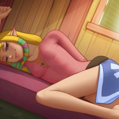 1girls, bare legs, blue eyes, deilan12, elf, female, female only, long ears, long hair, looking at viewer, princess zelda, skyward sword, smiling, smiling at viewer, solo