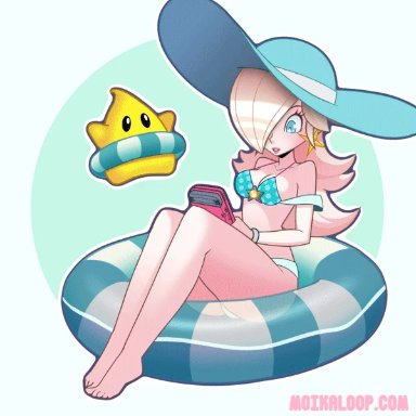 1girls, animated, barefoot, big breasts, blonde hair, blue eyes, bouncing breasts, breasts, cleavage, feet, female, gameboy, large breasts, looking at viewer, moikaloop