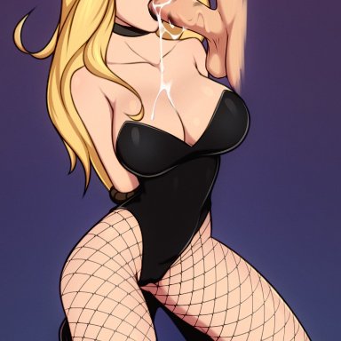 1boy, 1girls, balls, big breasts, big penis, black canary, black lipstick, blonde hair, blue eyes, breasts, clothing, cum, cum in mouth, cum inside, cumdrip