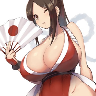 breasts, brown hair, cleavage, curvy, fan, fatal fury, folding fan, huge breasts, king of fighters, long hair, magister (bigbakunyuu), mai shiranui, ninja, no bra, no panties