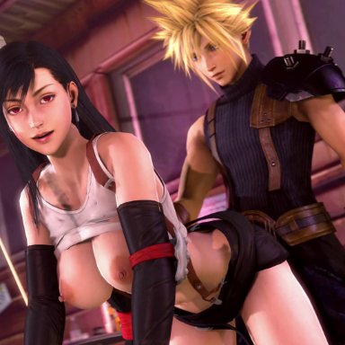 1boy, 1girls, 3d, ambiguous penetration, animated, areolae, bent over, big breasts, black hair, blackjr, bouncing breasts, breasts, cloud strife, dark hair, doggy style