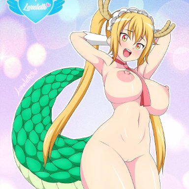absurdres, areolae, armpits, arms behind head, arms up, between breasts, blonde hair, blush, breasts, character name, dragon girl, dragon horns, dragon tail, elbow gloves, female
