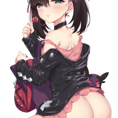 1girls, ambiguous gender, ass, backpack, black fur, black hair, black jacket, blue eyes, blush, chair, dress, eye contact, hair over one eye, hair ribbon, half-closed eyes