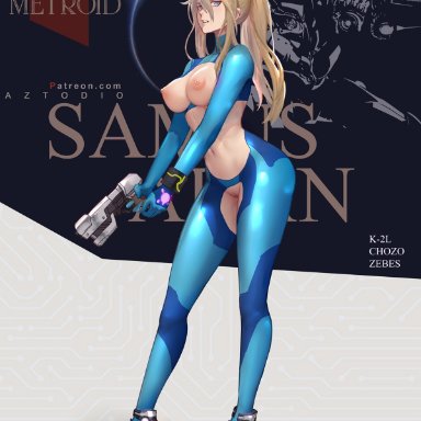 azto dio, breasts, gun, heels, high heels, metroid, nipples, no bra, nopan, pantyhose, pussy, samus aran, shoes