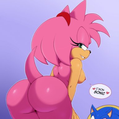 1girls, amy rose, anthro, areolae, ass, big ass, big breasts, bigdon1992, breasts, female, furry, large breasts, looking at viewer, looking back, nipples