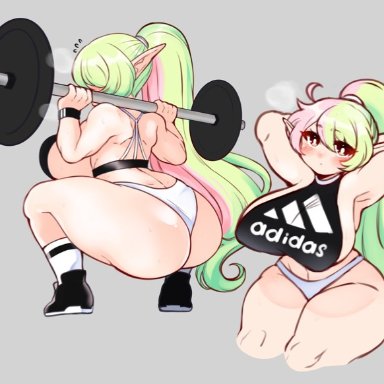 1girls, adidas, ass, big ass, big breasts, blush, breasts, clothed, clothing, dat ass, exercise, female, female only, from behind, huge breasts