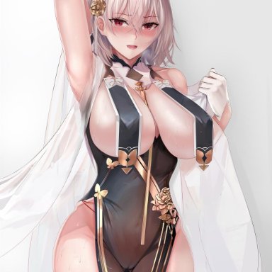 1girls, azur lane, blush, breasts, cleavage, female, female only, huge breasts, looking at viewer, misako12003, open mouth, pussy, sirius (azur lane), solo, thick thighs