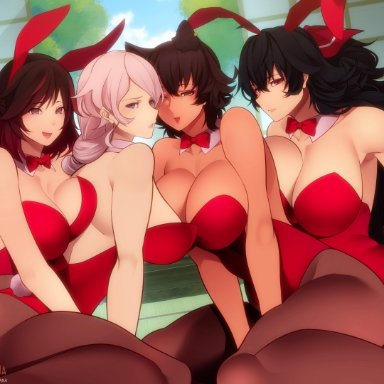 4girls, ass, big ass, big breasts, breasts, bunny ears, bunny girl, bunnysuit, cleavage, female, female only, kali belladonna, large breasts, looking at viewer, looking back