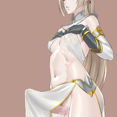 aqua eyes, black gloves, blonde hair, blush, bracelet, breasts, brown background, bulge, covered nipples, detached sleeves, earrings, elf, erection, erection under clothes, fanbox reward