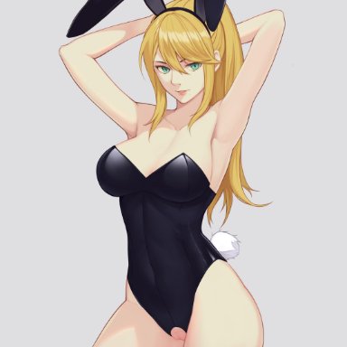 1girls, armpits, arms behind head, arms up, big breasts, blonde hair, blue eyes, breasts, breasts out, bunny ears, bunnysuit, busty, cleavage, clothing, curvy