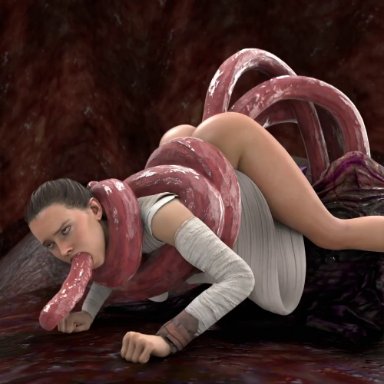 1girl, 3d, all the way through, anal penetration, animated, avstral, blender, brown hair, moaning, rey, sound, star wars, tentacle sex, tentacles, vaginal penetration