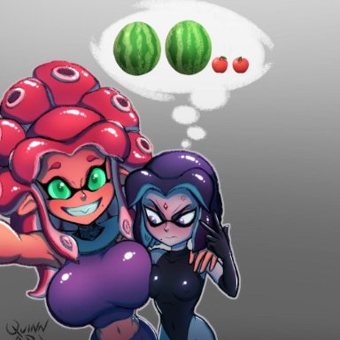 2girls, anger vein, angry, annoyed, apple, armpits, artist name, asymmetrical docking, beauty mark, breast envy, domino mask, envy, female only, forehead jewel, fruit