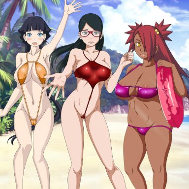 3girls, akimichi chouchou, artemisumi, beach, bikini, black hair, boruto: naruto next generations, glasses, naruto, naruto (series), posing, red hair, sarada uchiha, sling bikini, uzumaki himawari