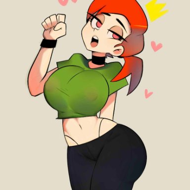 belly button, black legwear, black thong, breasts, cameltoe, choker, fairly oddparents, fellatio gesture, female, gesture, green shirt, half-closed eyes, heart, hourglass figure, large breasts