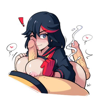 1girls, 2boys, ayb, black hair, blue eyes, bottomless, breast grab, breasts outside, buttjob, cum, cumshot, disembodied penis, kill la kill, large breasts, matoi ryuuko