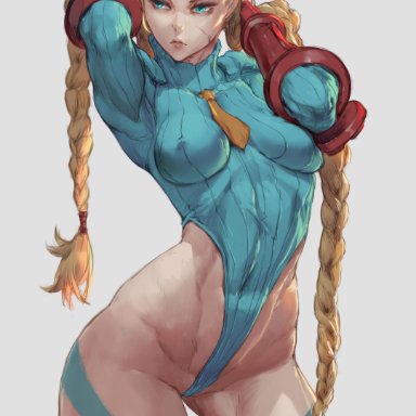 1girls, ahoge, alternate costume, arms up, ass, back, bare back, blonde hair, blue eyes, blue hat, blue leotard, braid, cammy white, curvaceous, curves