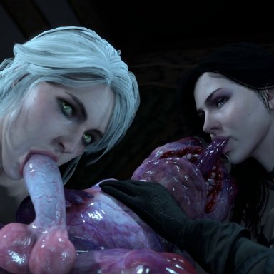 2girls, animated, artist request, botchling, ciri, fellatio, female on feral, huge penis, monster, sexlab, source filmmaker, the witcher, the witcher 3: wild hunt, webm, whitetentaclesfm