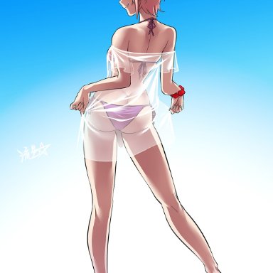 ass, bare shoulders, bikini, blonde hair, breasts, eyebrows visible through hair, female, flip-flops, flower, from behind, full body, futanari, gradient hair, hair flower, hair ornament