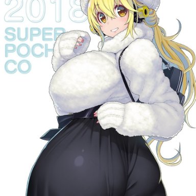 1girls, alternate hairstyle, backpack, blonde hair, chubby, curvaceous, fuzzy, headphones, huge ass, huge breasts, looking at viewer, loose clothes, panties visible through clothing, ponytail, super pochaco