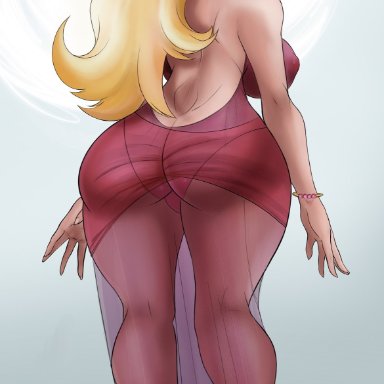 big ass, big breasts, blonde hair, blue eyes, clothed, clothing, dress, earrings, female, female only, from behind, looking at viewer, lyn nyl, princess peach, solo