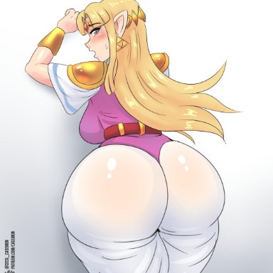 1girls, ass, big breasts, breasts, butt, butt crack, casemon, female, female only, huge ass, large breasts, looking at viewer, looking back, princess zelda, rear view