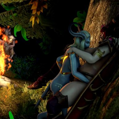 4girls, alexstrasza, animated, areolae, blonde hair, blood elf, blue hair, boots, breast sucking, breasts, doggy style, draenei, female only, fireplace, forest