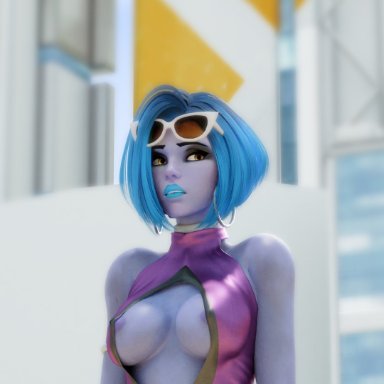 3d, areola slip, areolae, bangs, big breasts, blizzard entertainment, blue eyes, blue skin, bracelet, breasts, busty, cleavage, cleavage cutout, discko, earrings