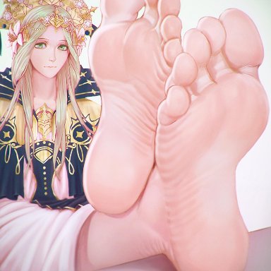 1girl, barefoot, biting lip, clothed female, crown, dress, feet, feet up, female, female only, fire emblem, fire emblem: three houses, foot fetish, foot focus, green eyes