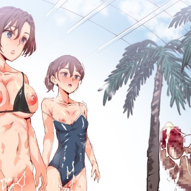 1boy, 2girls, after rape, after sex, after vaginal, bare shoulders, belly, big breasts, black bikini, blue leotard, blush, bra aside, bra down, breasts out, brown hair