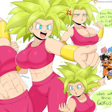 <3, abs, absurd res, annoyed, armwear, big breasts, blue eyes, breasts, cleavage, clothed, dragon ball, dragon ball super, earrings, female focus, fusion