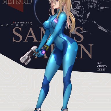 1girls, artist name, azto dio, bangs, beauty mark, blonde hair, blue eyes, bodysuit, breasts, character name, clothed, copyright name, english text, female, female only