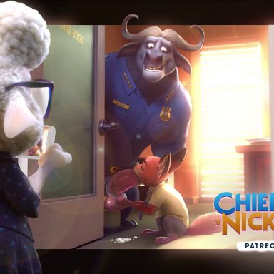 animated, balls, bovine, buffalo, chief bogo, clothing, cum, cum in mouth, dawn bellwether, deepthroat, disney, fellatio, female, fox, furry