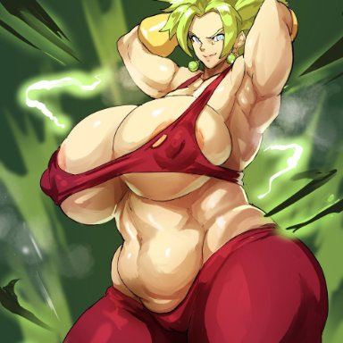 1girls, alien, alien girl, armpit, arms behind head, arms up, big ass, bracelets, donaught, dragon ball super, earrings, fusion, green hair, kefla, large breasts