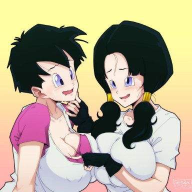 2girls, alternate version available, cleavage, curvy, dragon ball, erect nipples, female, huge areolae, huge breasts, liesday, puffy nipples, short hair, thick lips, twintails, videl