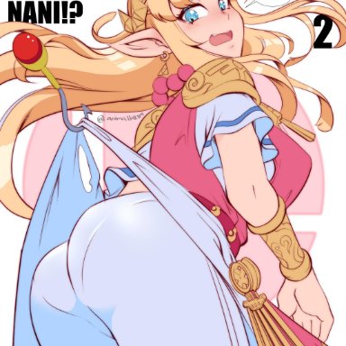 1girls, a link between worlds, anima hakim, ass, blonde hair, blue eyes, breasts, dat ass, dress, earrings, elf, female, high resolution, jewelry, large breasts