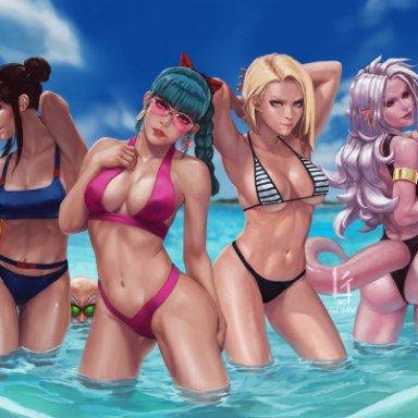 4girls, android 18, android 21, android 21 (human), asian, big breasts, blonde hair, blue eyes, braid, bulma briefs, chichi, cleavage, curly hair, curvy, dragon ball