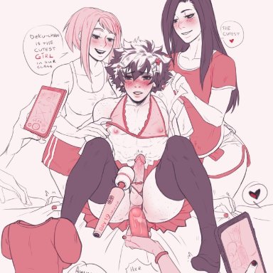 2girls, abs, anal insertion, dildo, english text, erection, femboy, feminization, girly, hagakure tooru, izuku midoriya, kinktober, kyoka jiro, limited palette, mina ashido