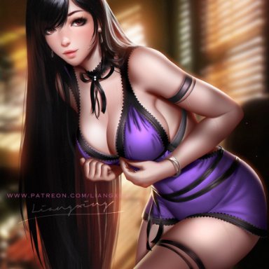 1girls, big breasts, breasts, cleavage, female, female only, final fantasy, final fantasy vii, large breasts, liang xing, lingerie, purple lingerie, solo, tifa lockhart