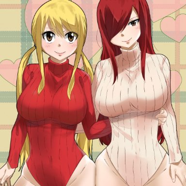 big breasts, blonde hair, brown eyes, erza scarlet, fairy tail, gaston18, lucy heartfilia, pullover, red hair, smile