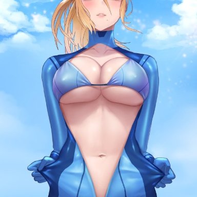 bikini top, blonde hair, koshiosaur, looking at viewer, metroid, presenting, samus aran, source request, unzipped bodysuit, zero suit