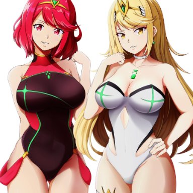 2girls, blonde hair, breasts, choker, cleavage, commentary, competition swimsuit, covered navel, dual persona, earrings, english commentary, eyebrows visible through hair, female focus, gem, hair ornament
