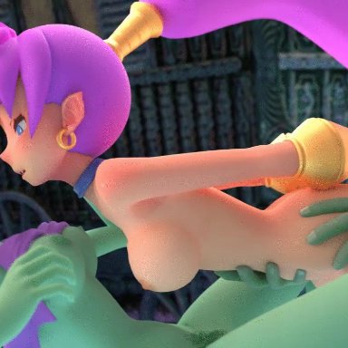 1boy, 2girls, animated, ass, bouncing breasts, doggy style, green skin, indoor, large breasts, long hair, purple hair, rottytops, shantae, shantae (character), tanned skin