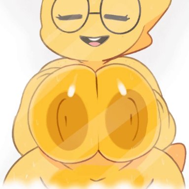 1girls, alphys, animated, big breasts, chubby, closed eyes, deltarune, female only, glasses, lizard, pinkanimations, somescrub, undertale, wet, yellow skin